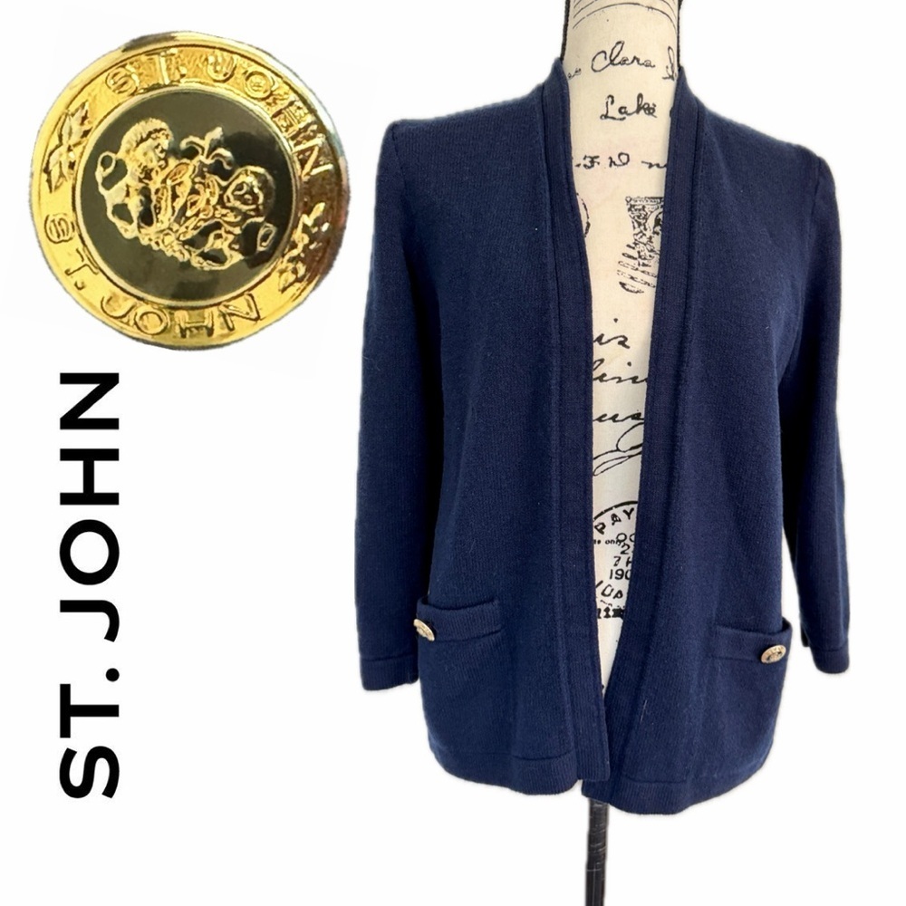 St. John‎ Santana Cardigan Sweater Open Front Golden Buttons Blue Military Core